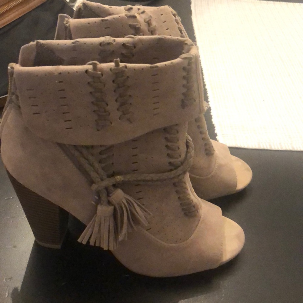 Open toed tan suede heels